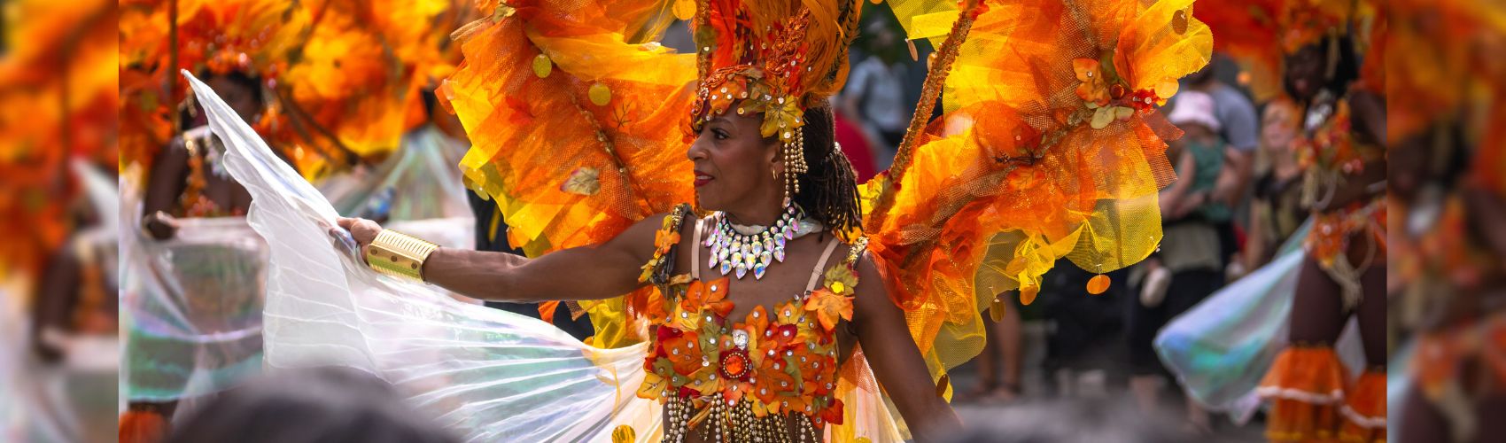 A colourful costume on a participant in the street parade at Kitchener's Caribana Ignite festival.