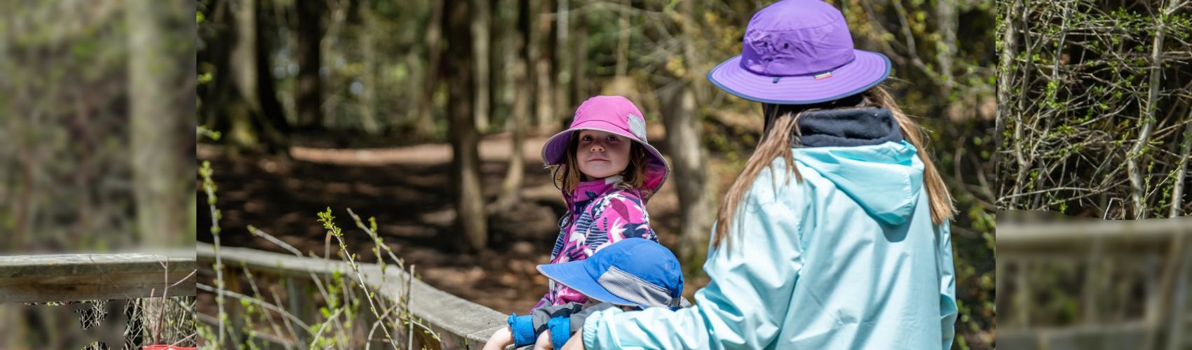A parent and two children standing on the boardwalk over the water at Huron Natural Area in Kitchener. It is spring: there are buds starting to appear on the trees and the people are wearing spring rain gear.