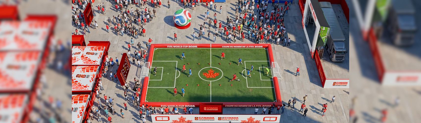 a rendering of the mini soccer pitch that is one of the fan activations at the Canada Celebrates the FIFA World Cup 2026 event.