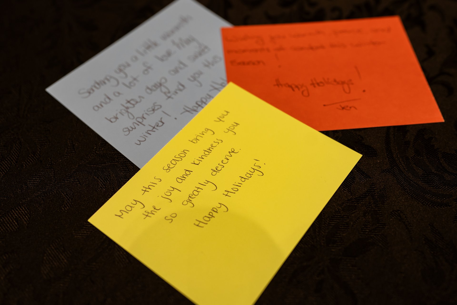 Notes written by attendees at CanSPEP Gives Back that were included into donation kits. The top note contains the words May this season bring you the joy and kindness you so greatly deserve. Happy Holidays!