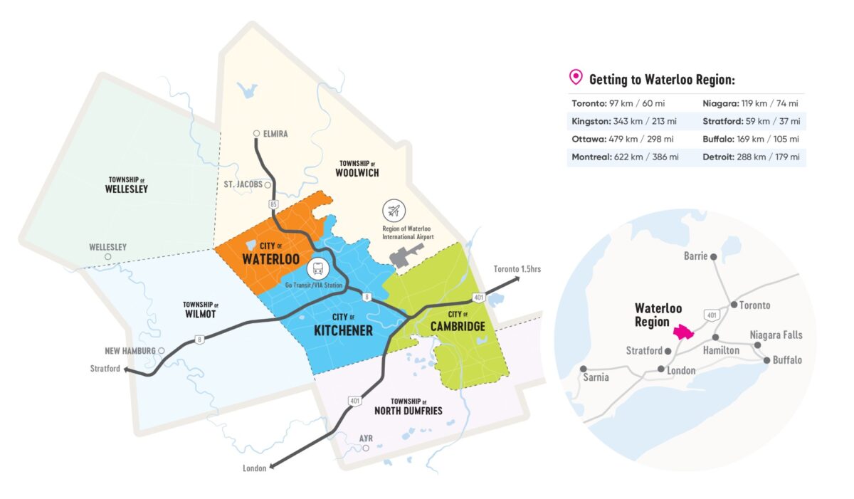 A map of the Region of Waterloo that shows the 3 cities - Cambridge, Kitchener and Waterloo - and the 4 townships - North Dumfries, Wellesley, Wilmot and Woolwich.