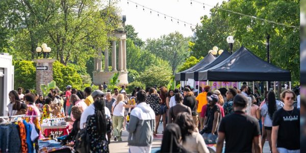 A large group of people walking through a festival in Kitchener's Victoria Park in the summer.