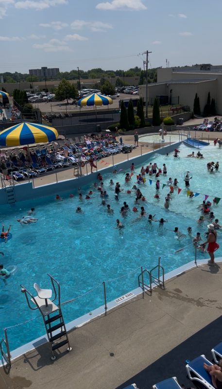 Drone view of Bingemans' Big Splash on a sunny summer's day. There are many people enjoying the facilities.