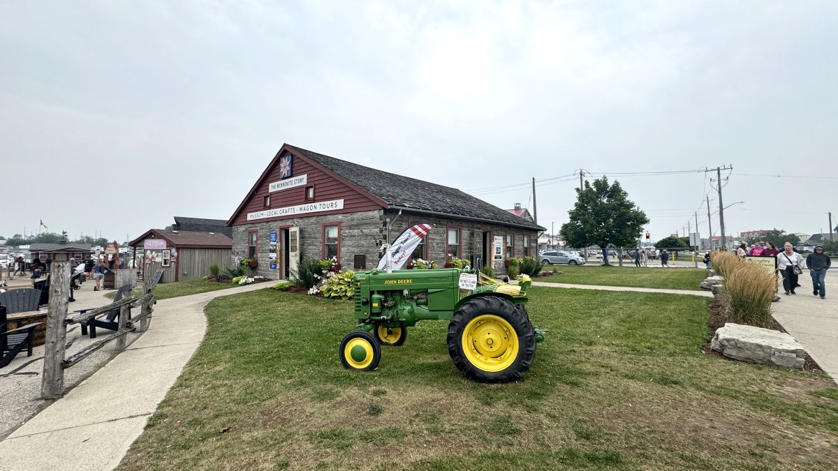 The log building that houses The Mennonite Story, on the grounds of the St. Jacobs Farmers' Market
