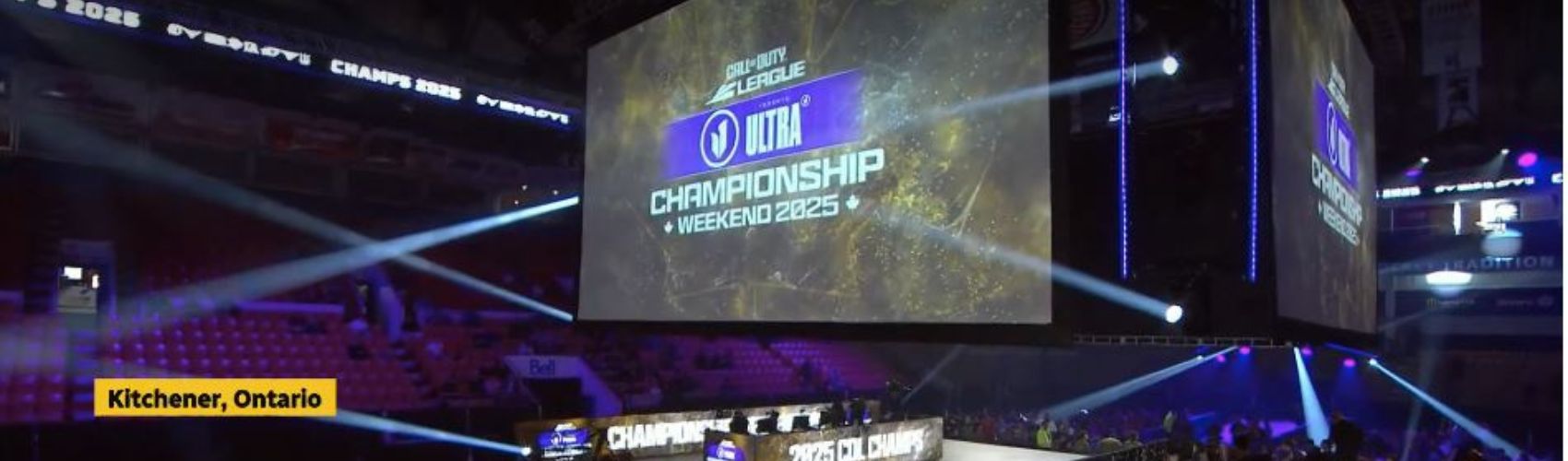 The inside of the Kitchener Memorial Auditorium aet up for the Call of Duty League Championship. There is a large screen in the middle of the arena with the logo for the championship on it, and the words "Kitchener, Ontario" superimposed at the bottom of the image.