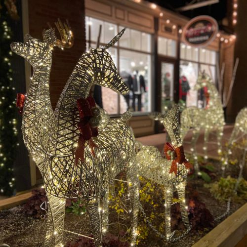 Several lit up deer figures outside of a shop in St Jacobs during the annual Sparkles holiday shopping evert.