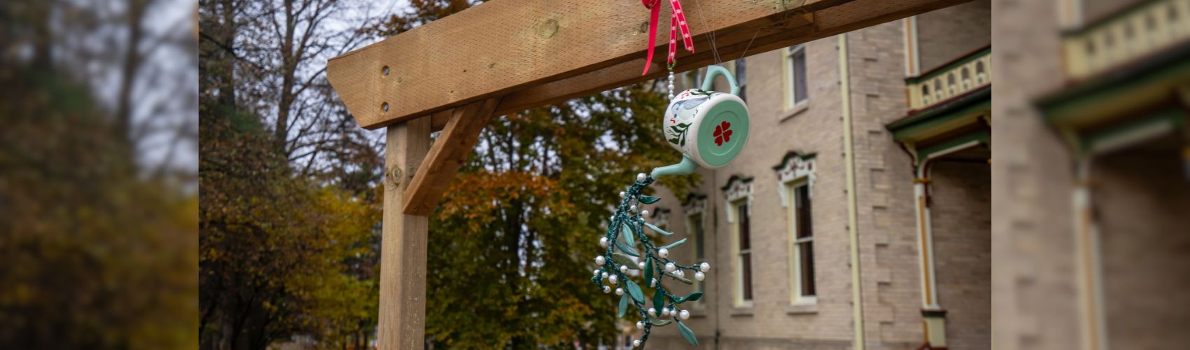 A mistletoe creation by artist Laura Kwok hanging at Castle Kilbride in Wilmot Township. Mistletoe is spilling out of a teapot.