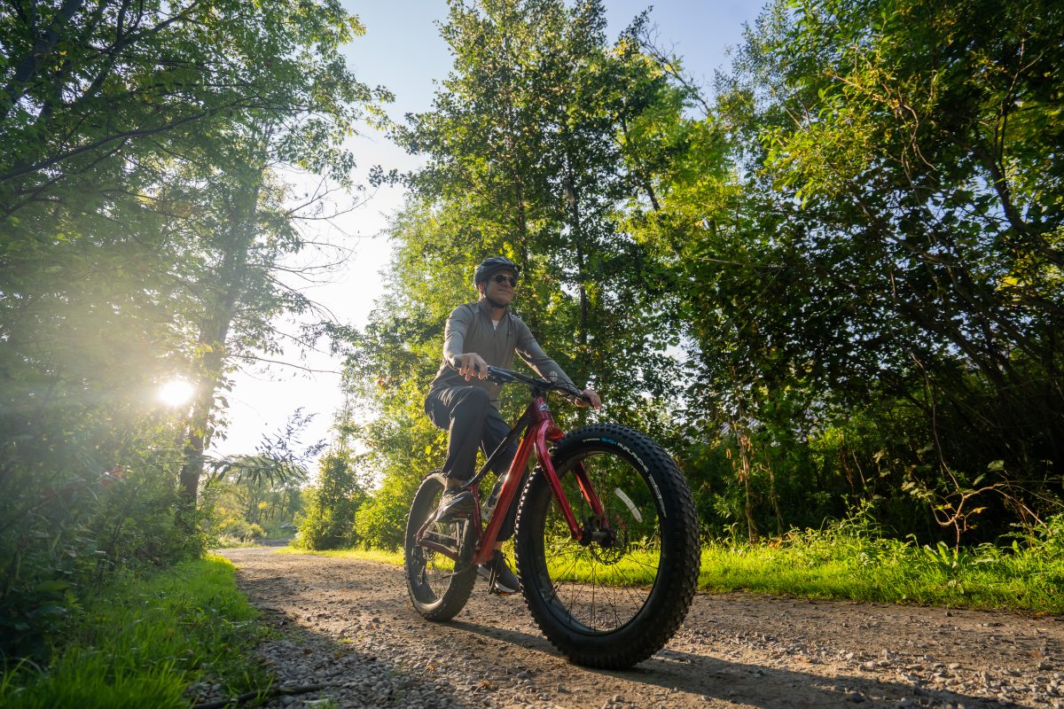 A person riding a fat bike on a gravel trail through a wooded area in Waterloo Region. It is summer and the tress are all green. The sun is shining through the trees.