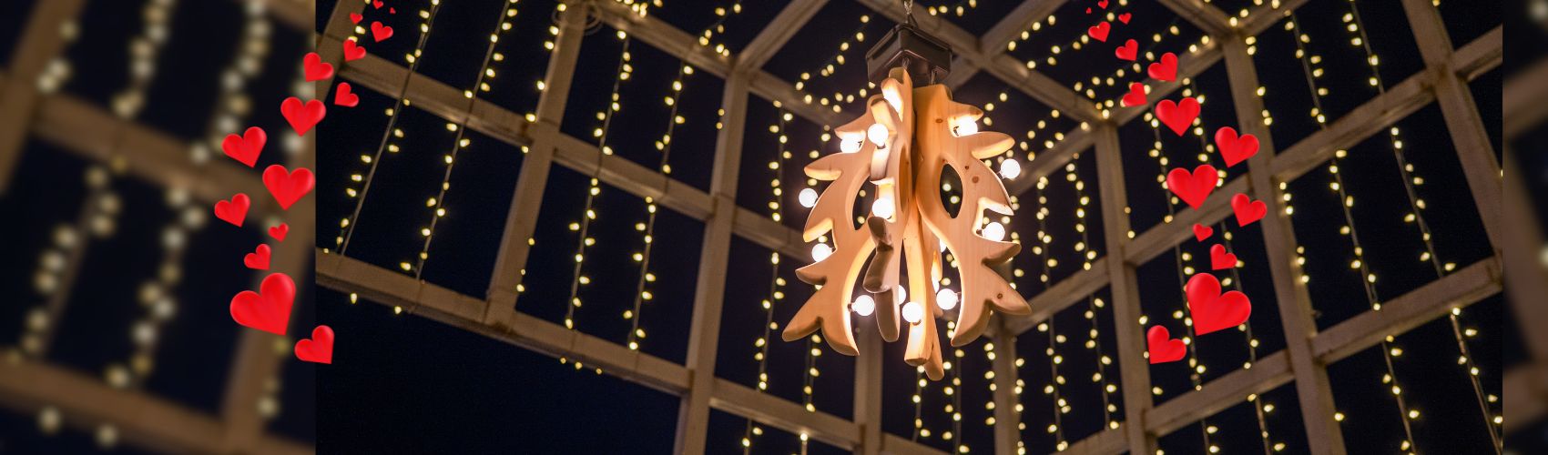 The large wooden mistletoe sculpture created by artist Sklyer Dietze, hanging in the Downtown Kitchener Light box. It is night, and both the light box and the mistletoe are lit up with white lights.