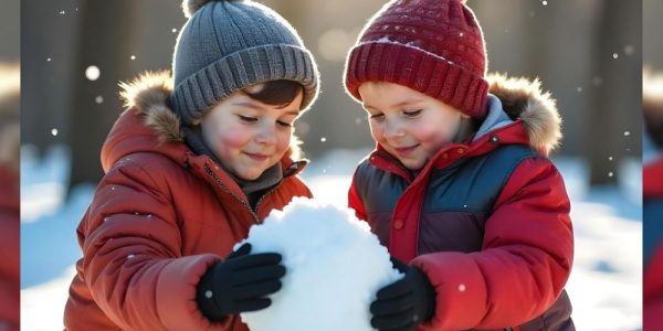 Two children playing outdoors in the snow on a sunny winter's day. they are wearing outdoor winter wear including toques, and are packing snow together.