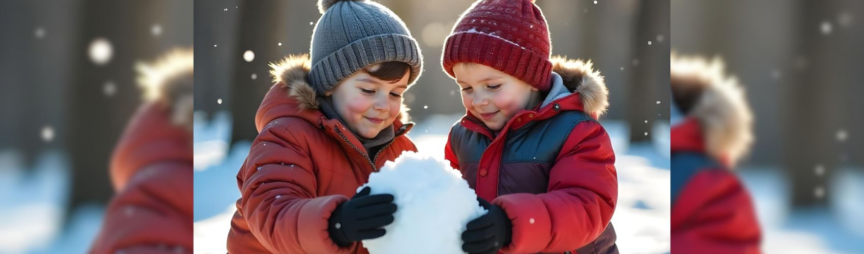 Two children playing outdoors in the snow on a sunny winter's day. they are wearing outdoor winter wear including toques, and are packing snow together.