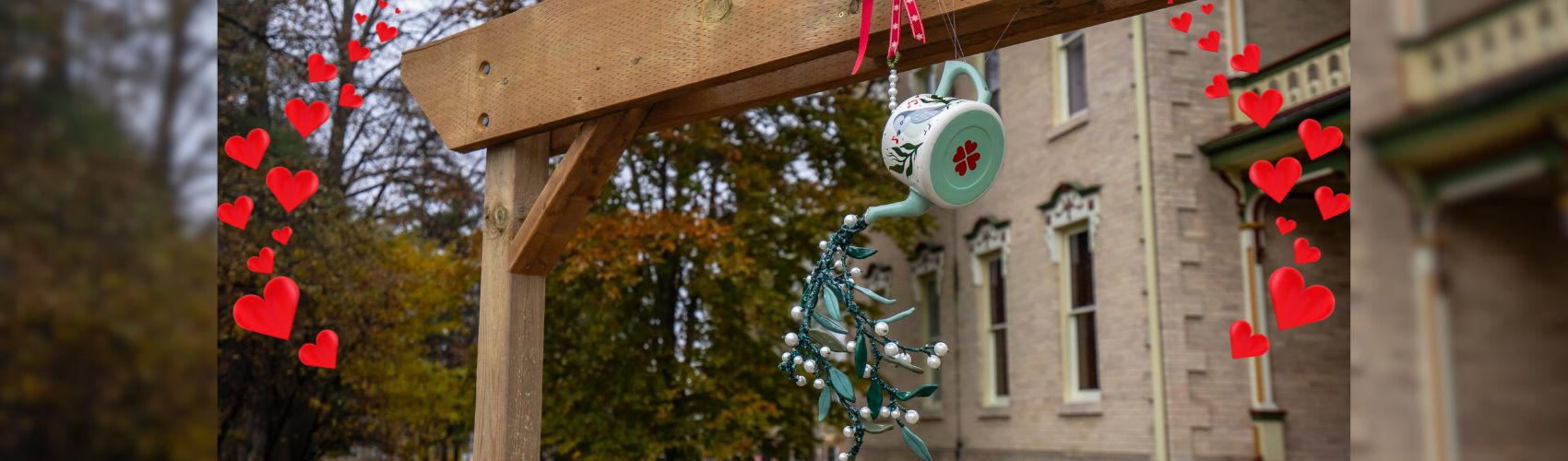 A mistletoe creation by artist Laura Kwok hanging at Castle Kilbride in Wilmot Township. Mistletoe is spilling out of a teapot.