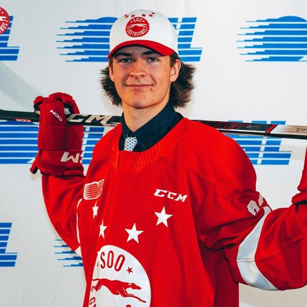 Official Ontario Hockey League picture of Brady Martin from Elmira in his Soo Greyhound's red jersey.