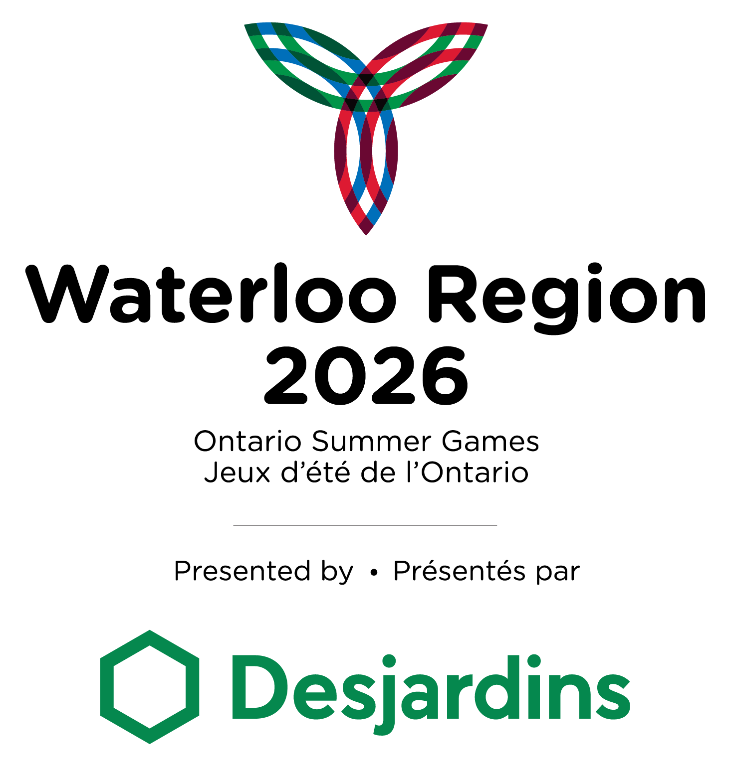 The coloured trillium-like logo for the Waterloo Region 2026 Ontario Summer Games. There is also a logo for the presentig sponsor, Dejardins, below it.