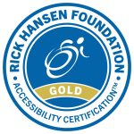 The blue, white and gold coloured logo for the Rick Hansen Foundations Gold Accessibility Certification badge.