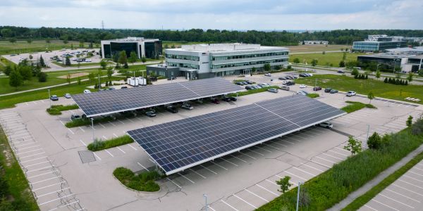 The large solar panel covered parking area at the evolv 1 building in Waterloo