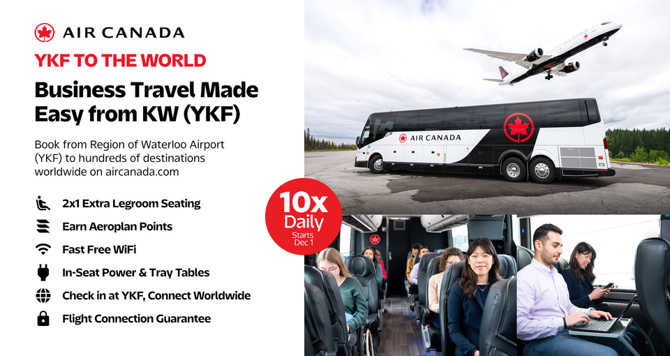 A media text image showing the new Air Canada Land Line buses that run from the Region of Waterloo International Airport, with text information about the buses. Information includes Extra Legroom, Earn Aeroplane Points, Fast Free Wifi and Flight Connection Guarentee