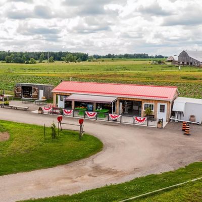 A drone view of the large farm stand at Moore Farms in Ayr.