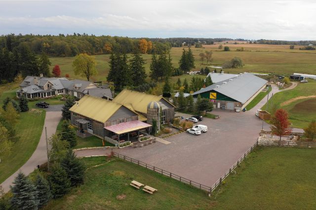 A drone view of the refurbished barn and buildings at Willibald Farm Distillery & Brewery in North Dumfries Township.