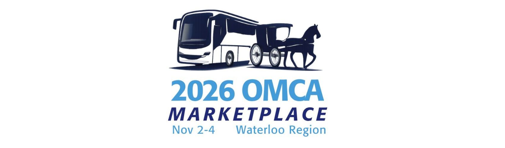 The logo depicting a tour bus and a horse and buggy for the 2026 OMCA Marketplace in Waterloo Region November 2-4, 2026