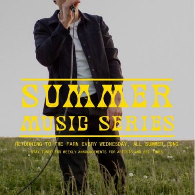 A poster of a man singing in a field as the sun goes down. The words on the poster say Summer Music Series.