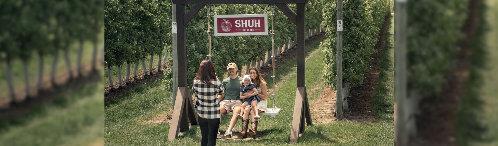Two adults and a child sitting on a large wooden swing that is suspended from a wooden archway that leads into a row of apple trees at Shuh Orchards. The family is smiling as a photographer takes their picture. There is a sign above the swing that reads Shuh Orchards. It appears to be a sunny summer's day.