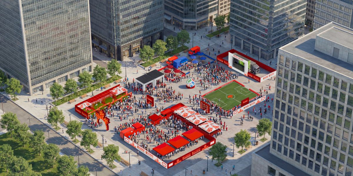 Overview rendering of a downtown city plaza with several soccer activations and people milling throughout