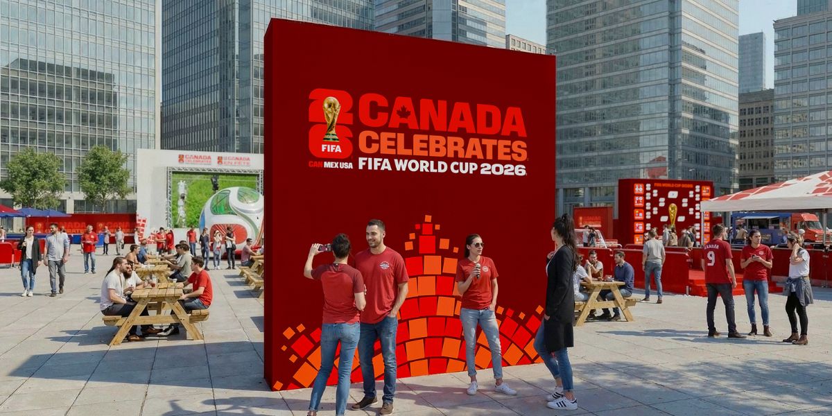 A rendering of a large backdrop intended to be a selfie opportunity for fans taking in the Canada Celebrates the FIFA World Cup event