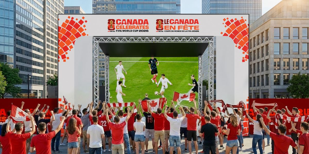 rendering of the stage area where there is a large outdoor screen airing a soccer match