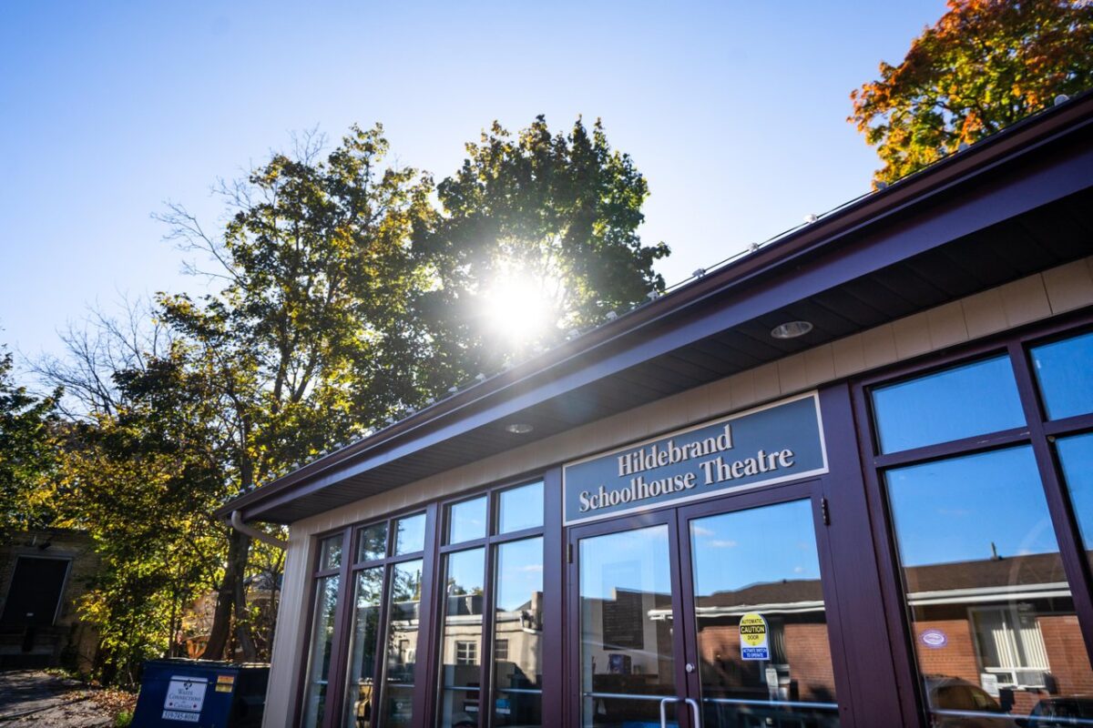 The exterior of the new, glassed in entrance to the Hildebrand Schoolhouse Theatre in the Village of St. Jacobs.