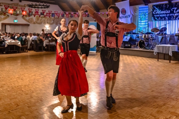 Two dancers at the Concordia Club in Kitchener performing in traditional Bavarian garb during the annual Kitchener Waterloo Oktoberfest festival.