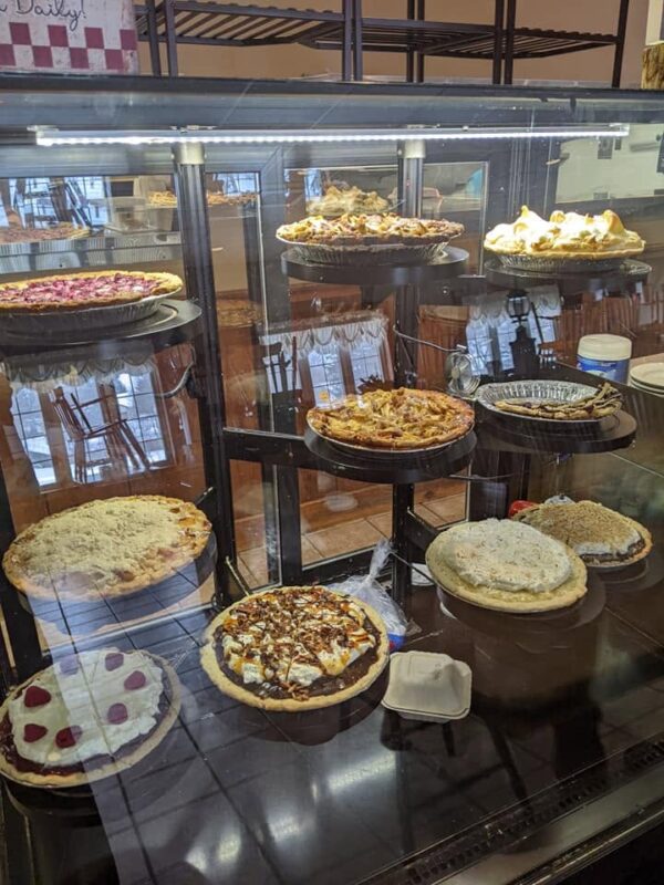 A display case of various kinds of pie at Schmidtsville Restaurant in Wellesley