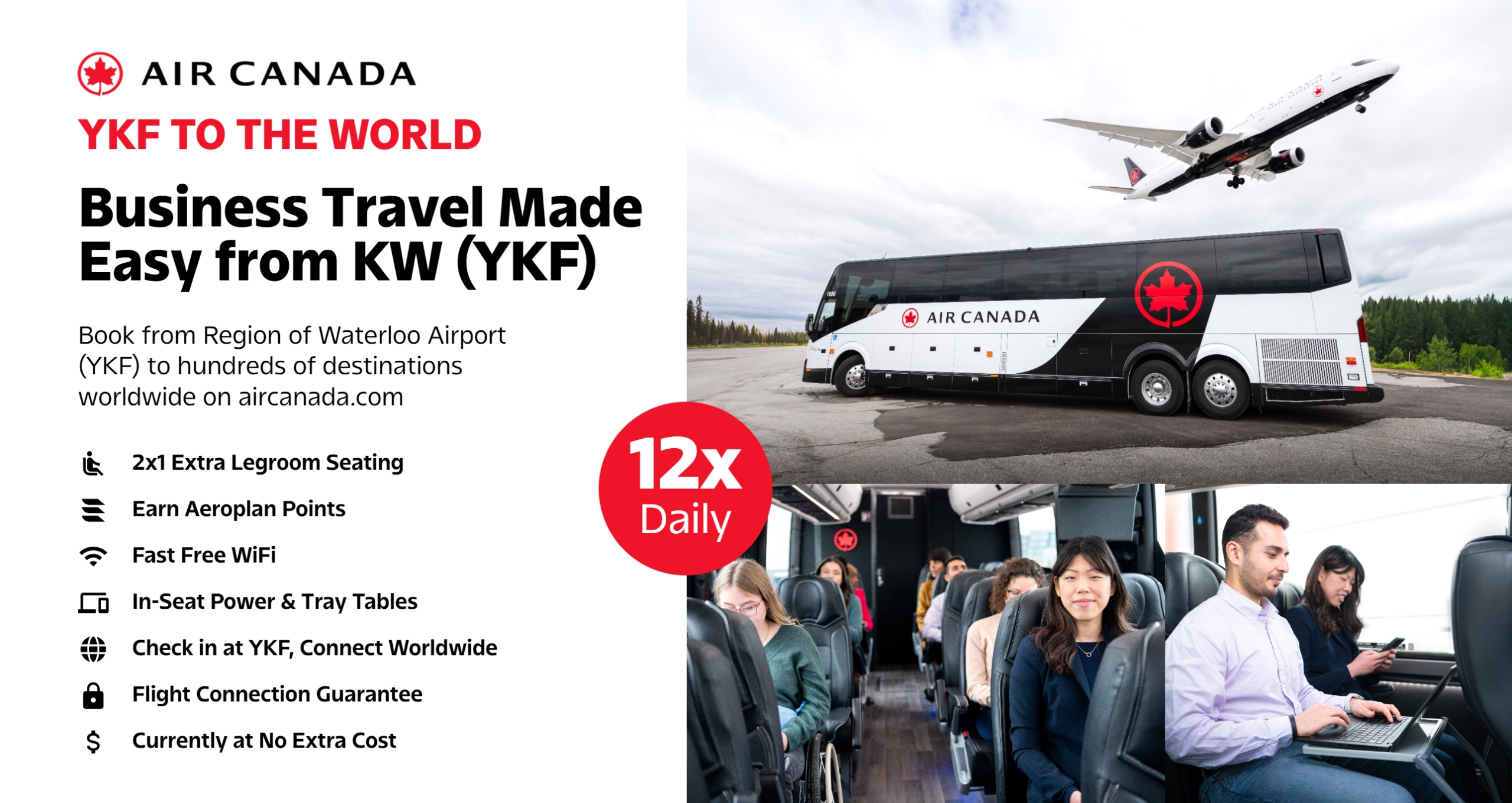 An infographic image showing the new Air Canada Land Line buses that run from the Region of Waterloo International Airport, with text information about the buses. Information includes Extra Legroom, Earn Aeroplane Points, Fast Free Wifi and Flight Connection Guarantee